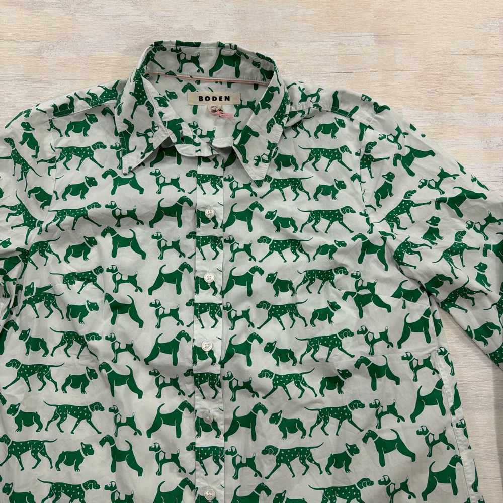 Boden Button Down Shirt 8 Long Sleeve Dog Print Green White Women - Picture 4 of 10